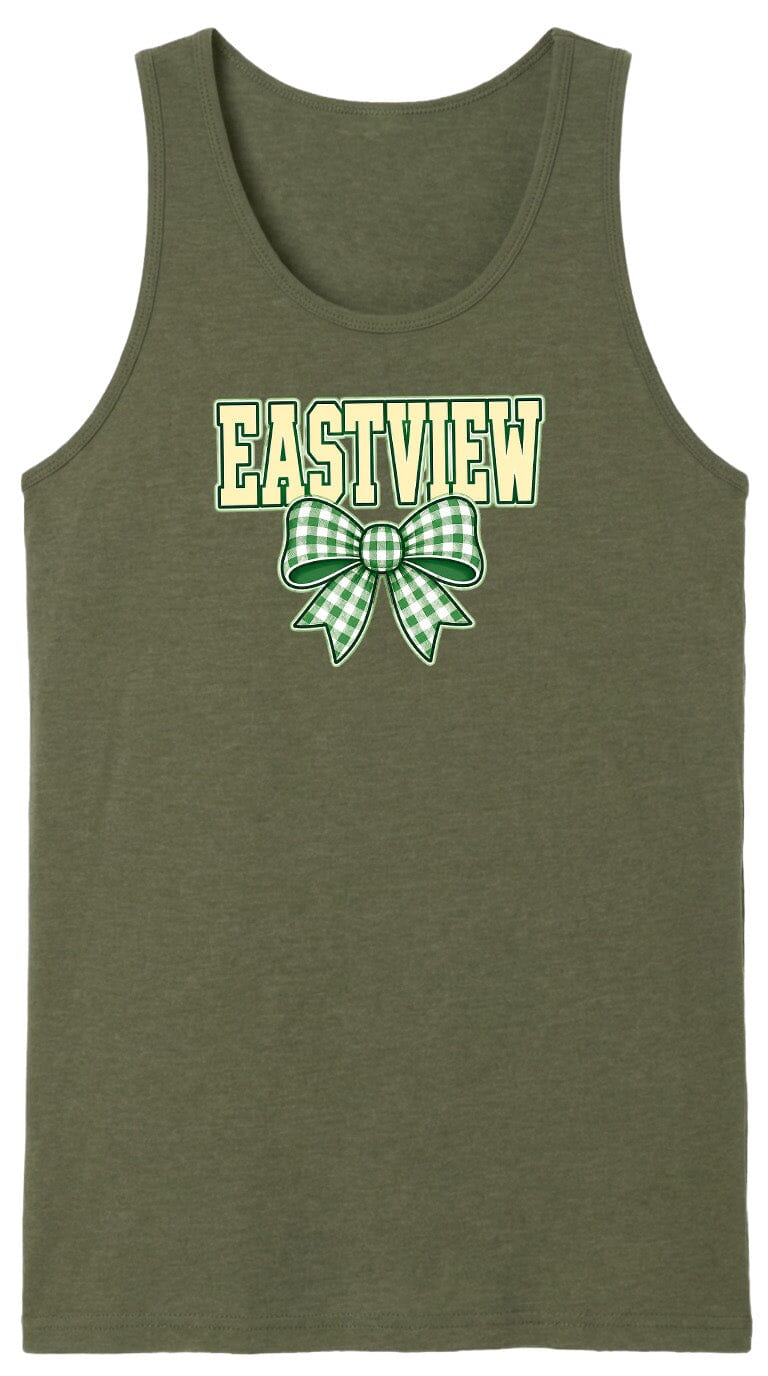 A green tank top with the word "EASTVIEW" printed on it, along with a bow graphic.