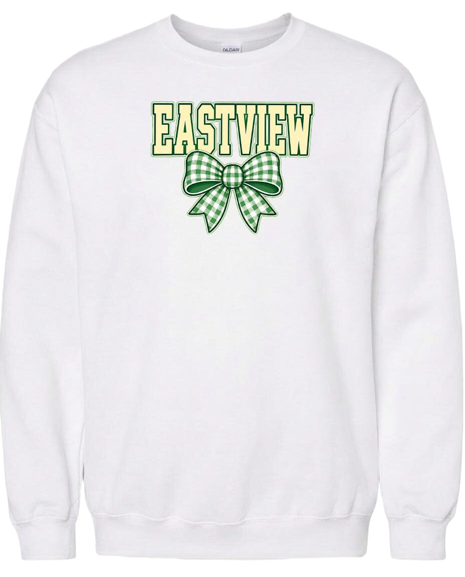 A white sweatshirt with the word "EASTVIEW" and a green and white plaid bow printed on it.