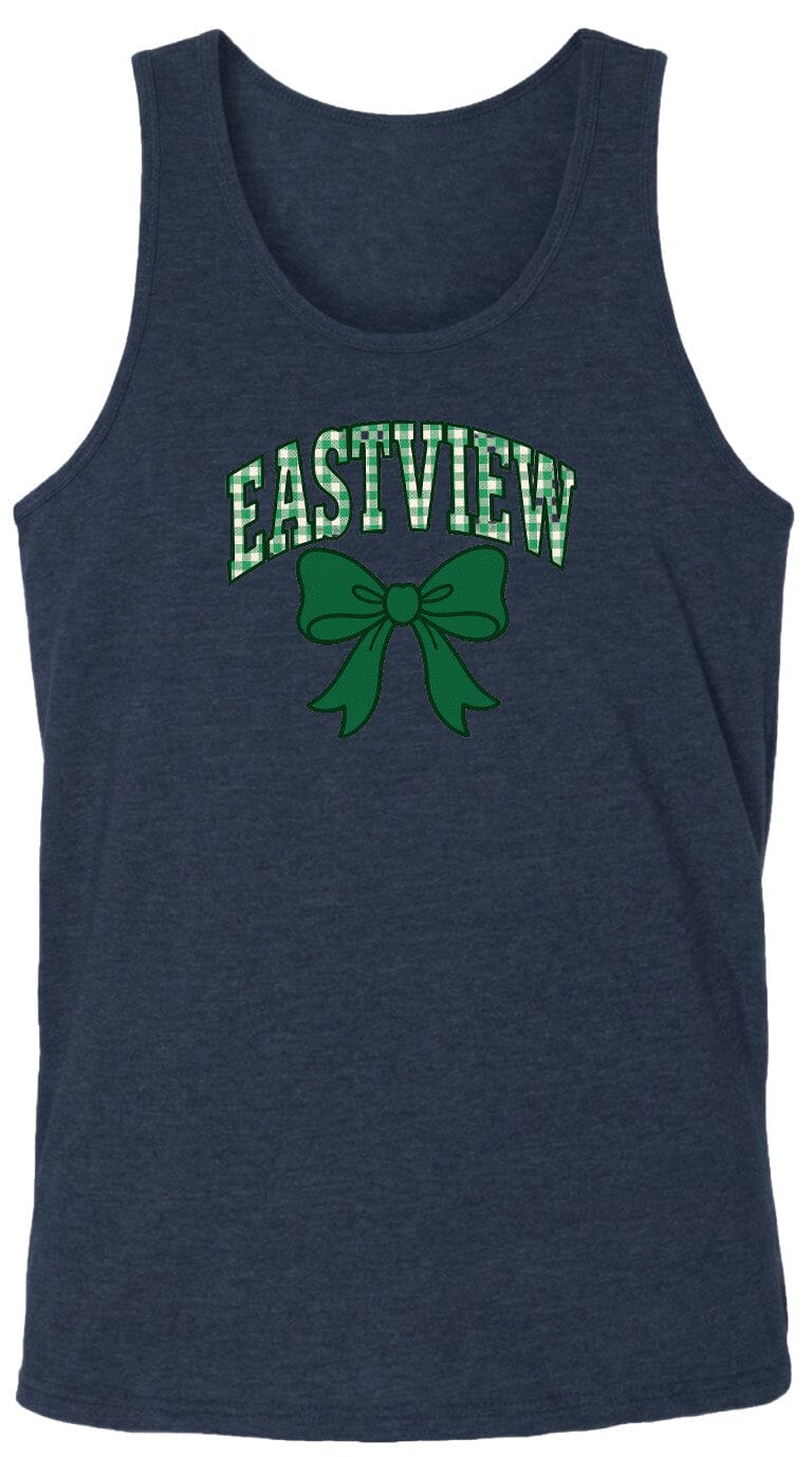 A navy blue tank top with a green bow and the text "EASTVIEW" printed on it.