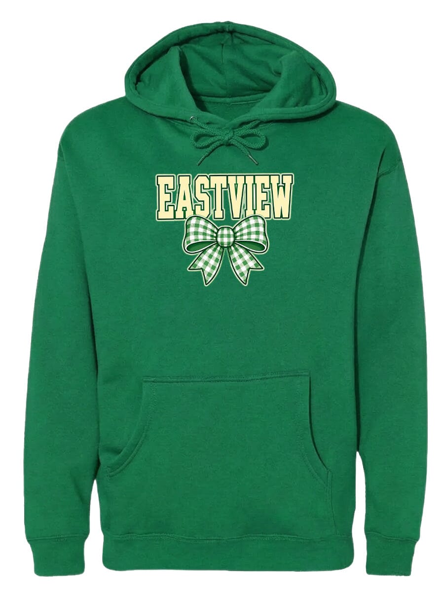 A green hoodie with the word "EASTVIEW" printed on it, along with a bow design.