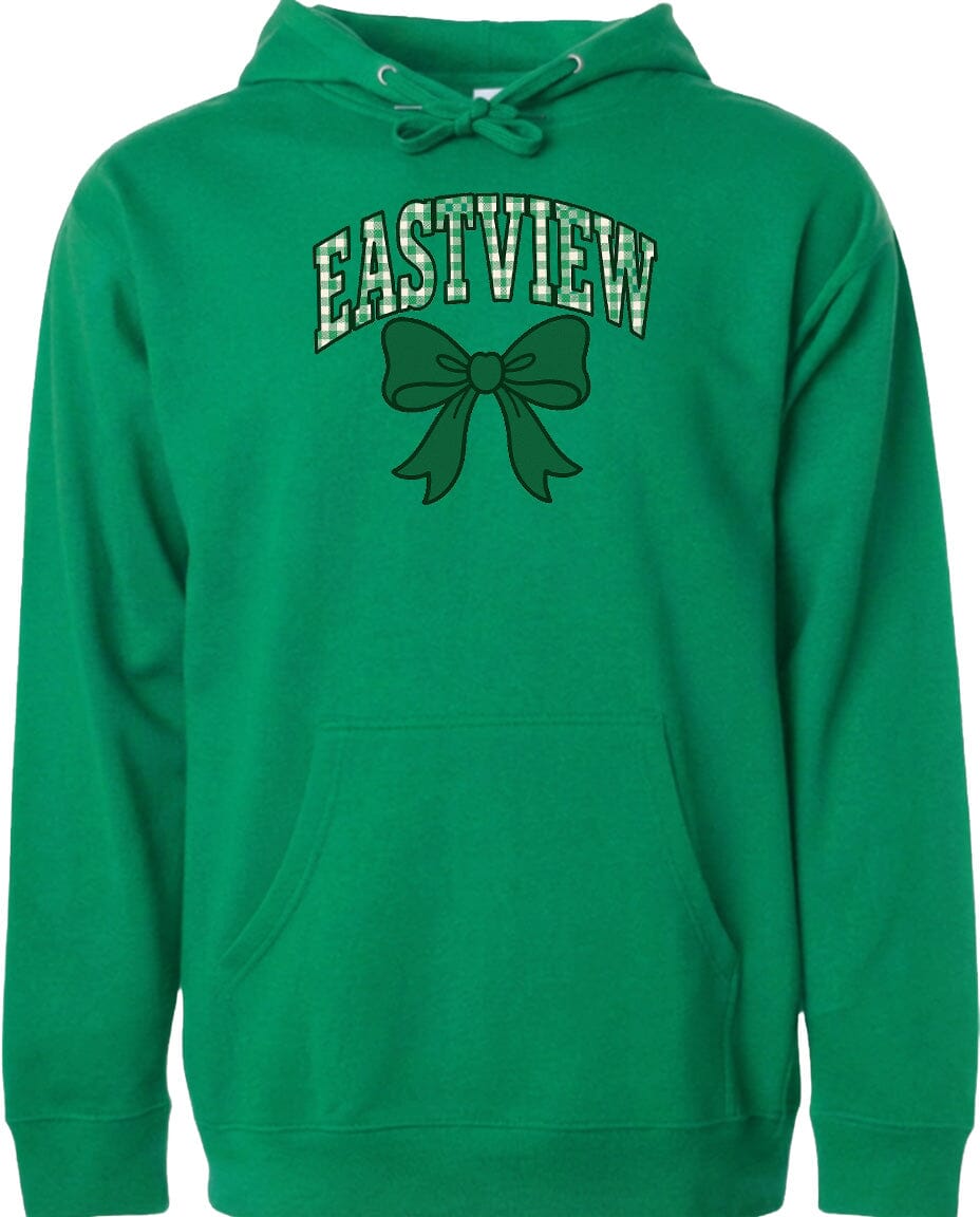 A bright green hoodie with a bow and the word "EASTVIEW" printed on it.