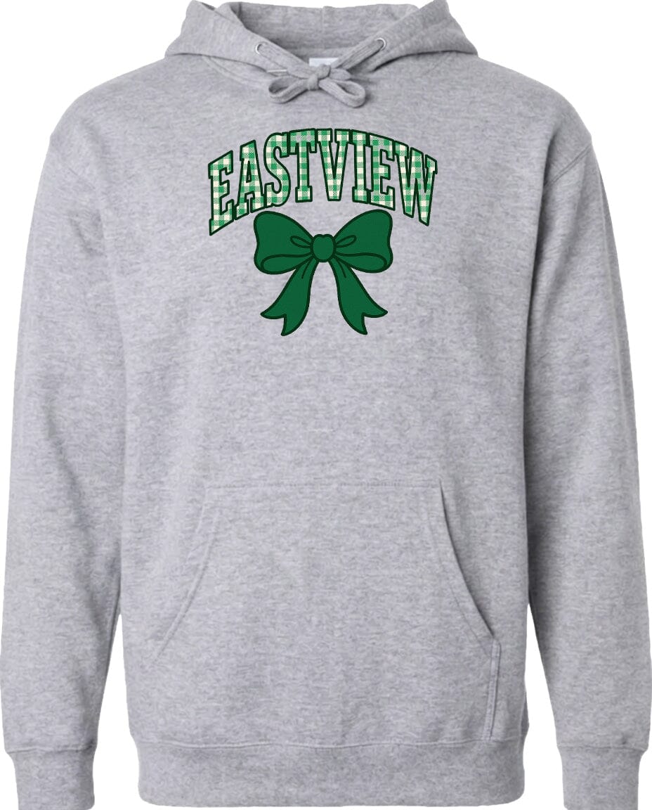 A gray hoodie with a green bow and the word "EASTVIEW" printed on it.