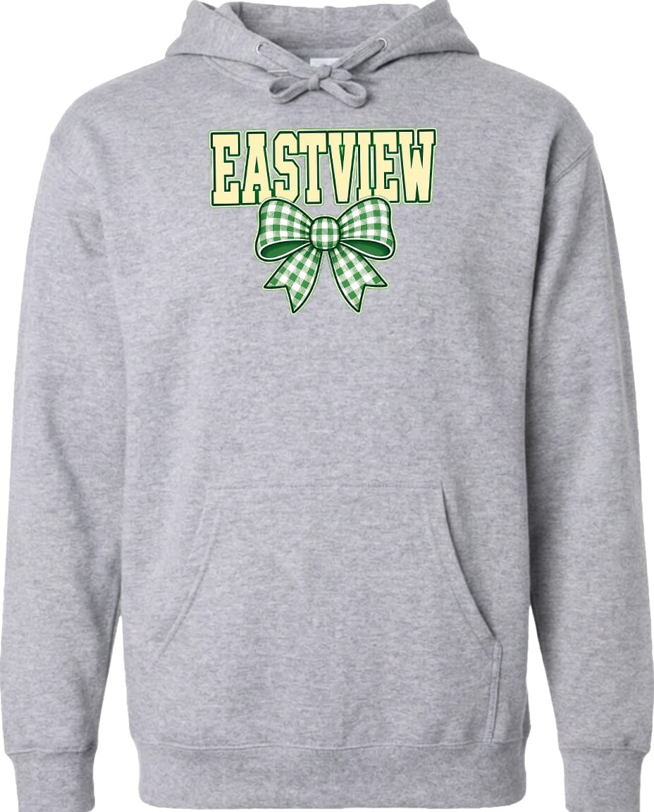 A gray hoodie with a green and white bow on the front.