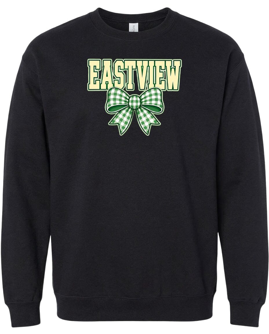 A black sweatshirt with a green and white bow on the front.
