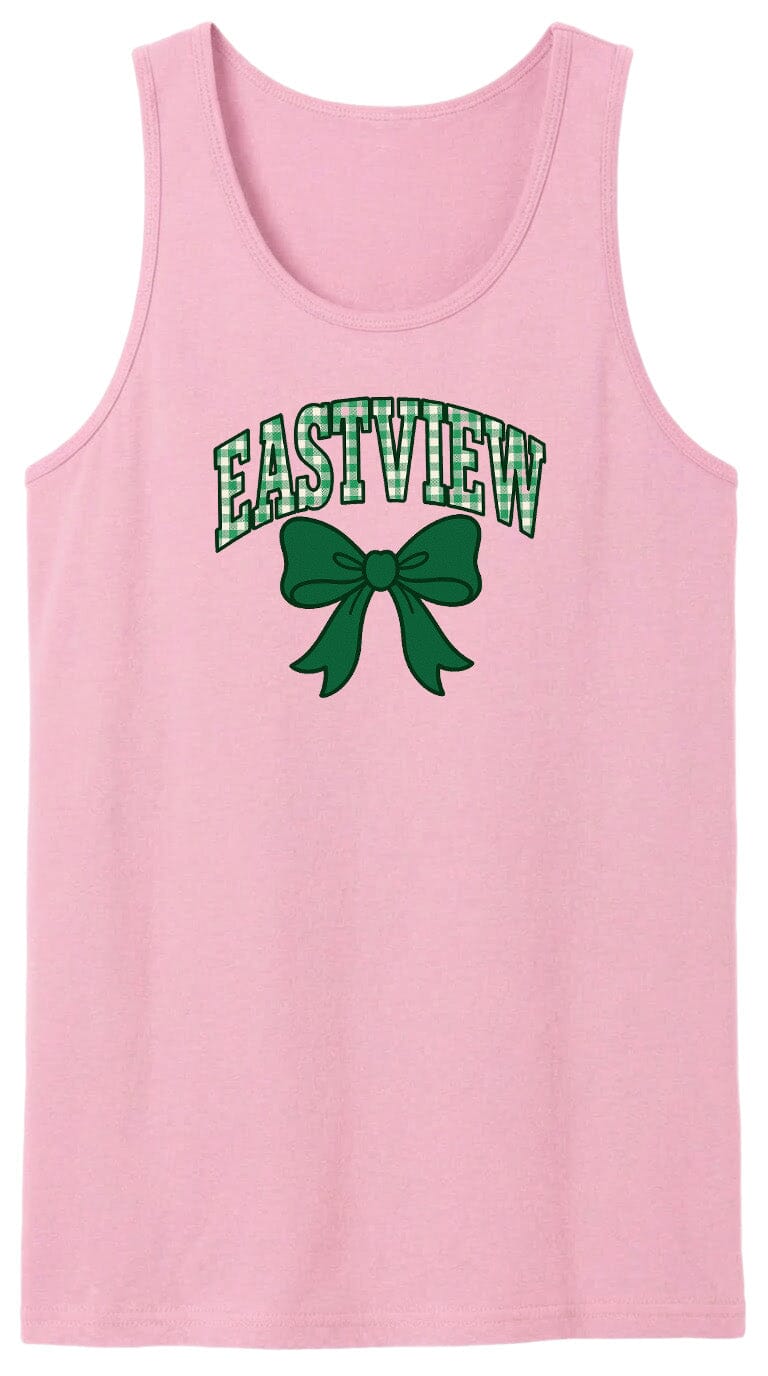 A pink tank top with the word "EASTVIEW" and a green bow printed on it.