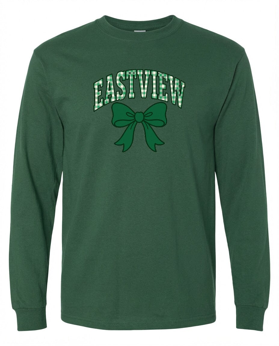 A long-sleeved green t-shirt with a graphic design featuring a green bow and the text "EASTVIEW" printed on it.