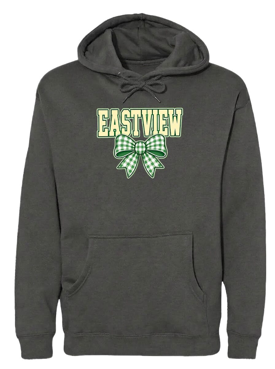A gray hoodie with a green and white bow on the front.