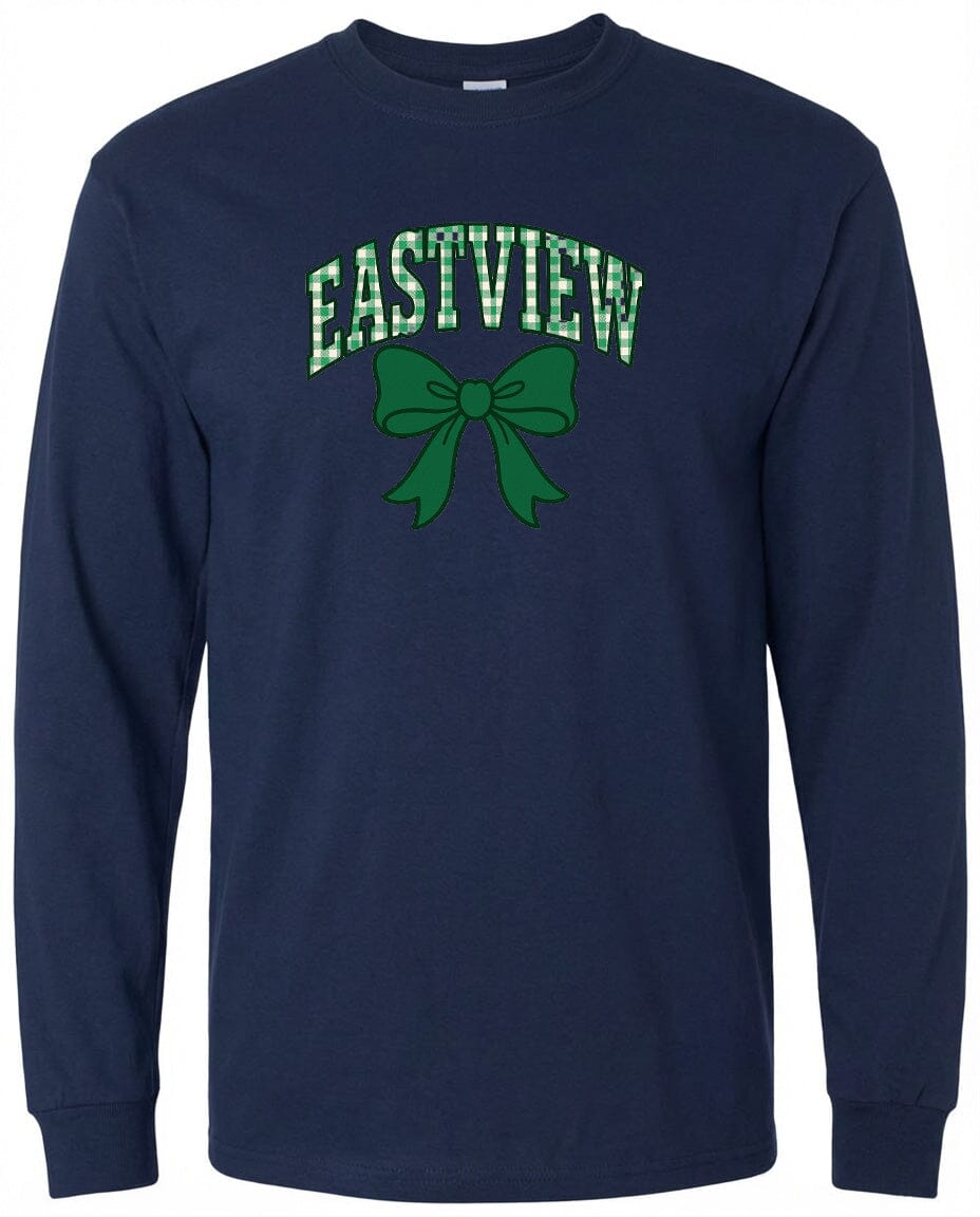 A navy blue long-sleeved shirt with a green bow and the word "EASTVIEW" printed on it.