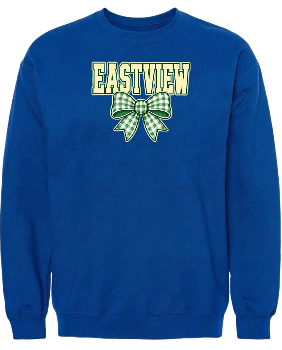 A blue sweatshirt with a green and white checkered bow and the word "EASTVIEW" printed on it.