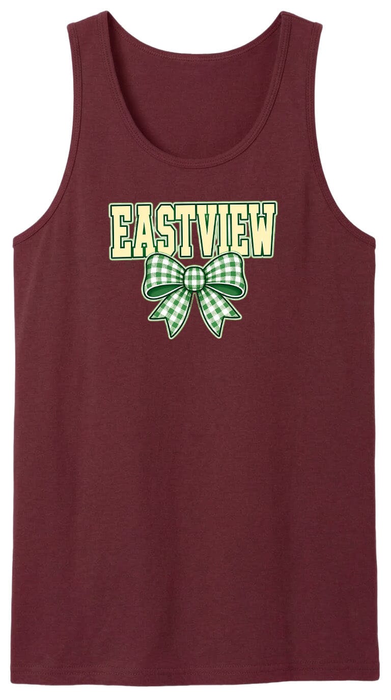 A burgundy tank top with a green and white bow and the word "EASTVIEW" printed on it.