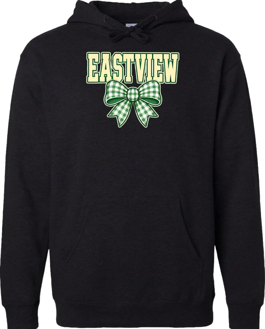 A black hoodie with a green and white bow on the front.