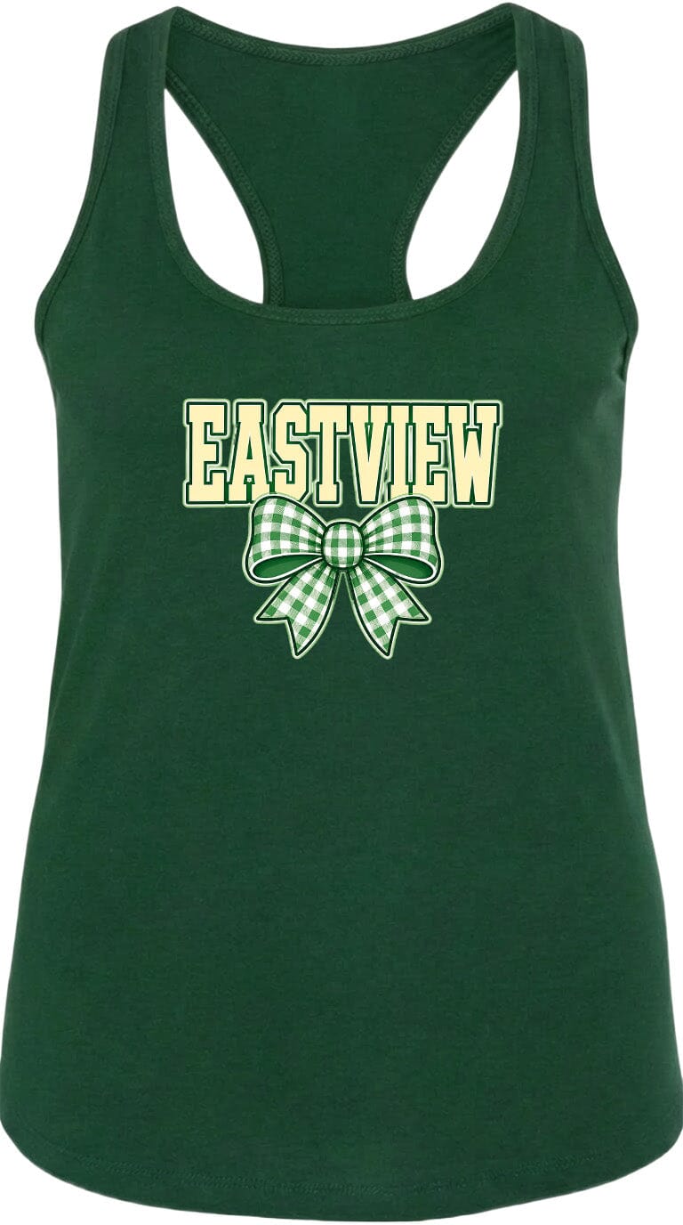 A green tank top with the word "EASTVIEW" and a bow graphic printed on it.