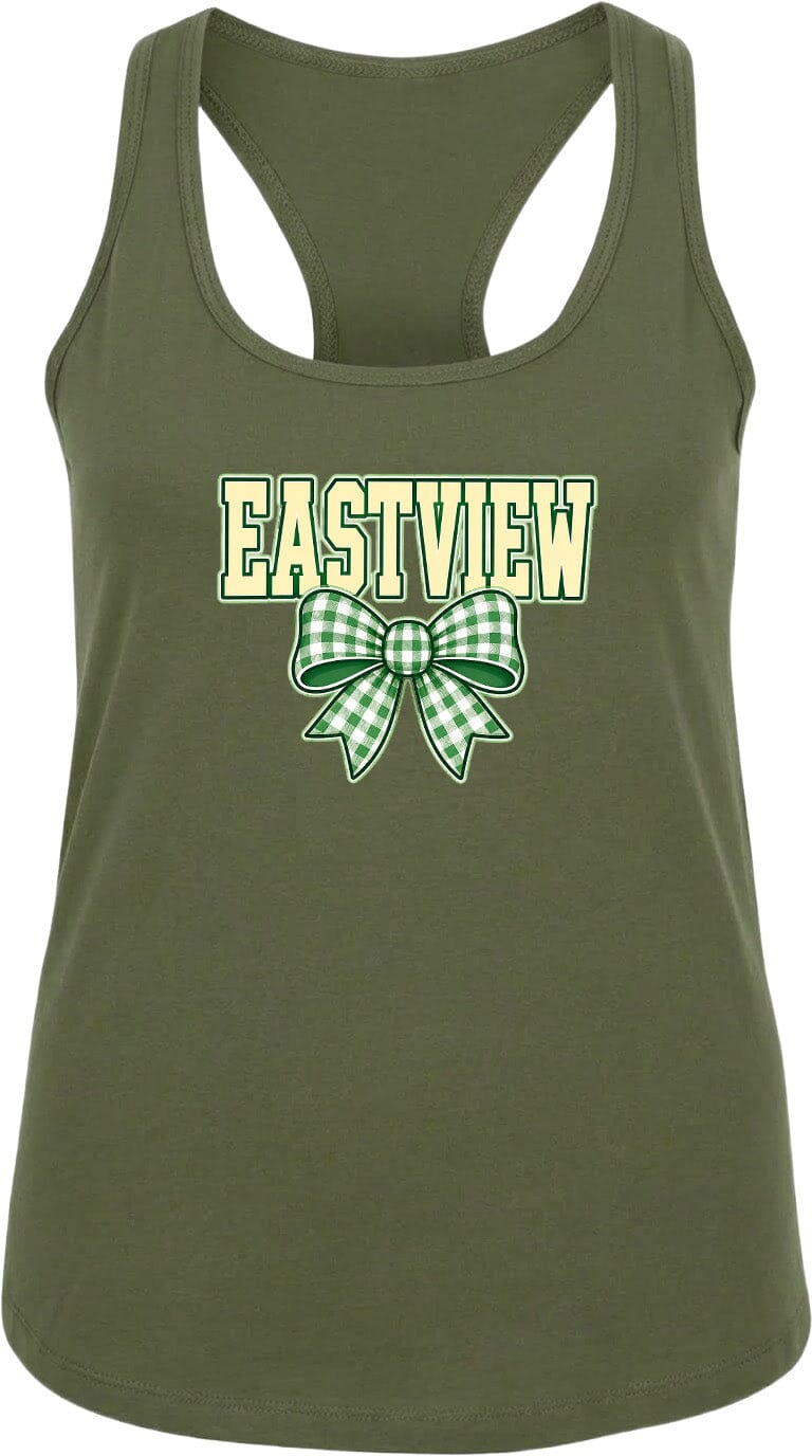 A green tank top with the word "EASTVIEW" and a bow graphic printed on it.