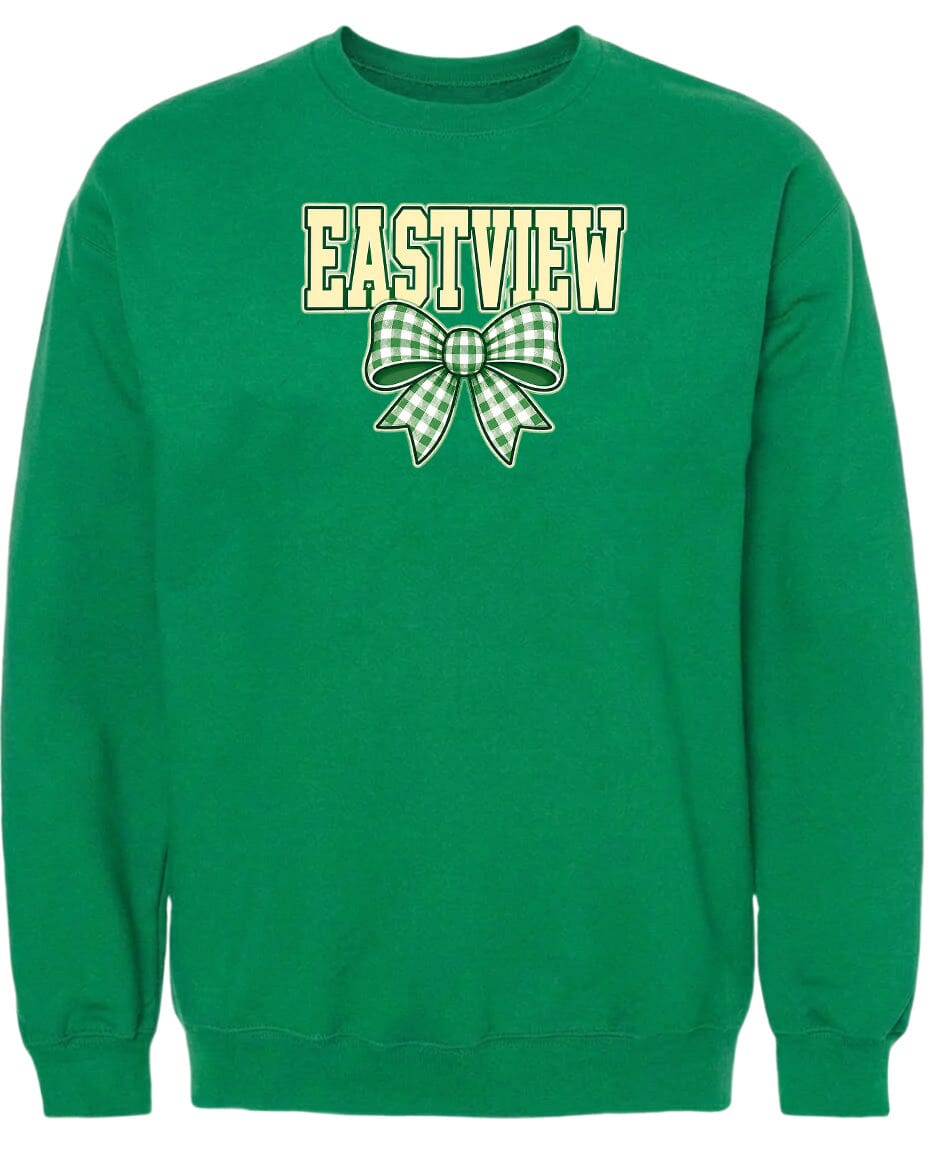 A bright green sweatshirt with a bow and the word "EASTVIEW" printed on it.
