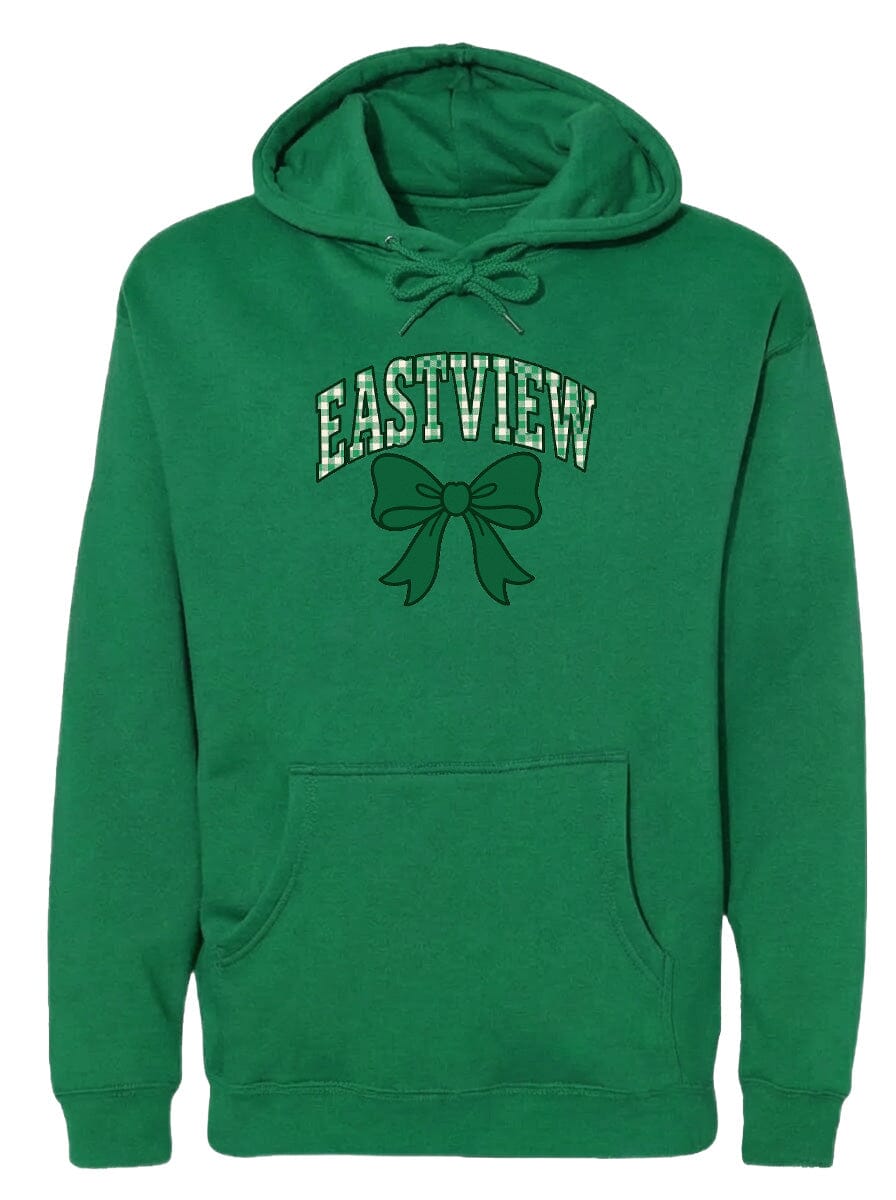 A green hoodie with the word "EASTVIEW" printed on it, along with a bow graphic.