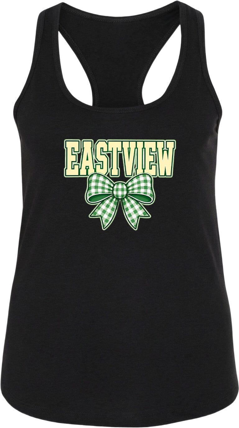 A black tank top with the word "EASTVIEW" and a green and white bow printed on it.