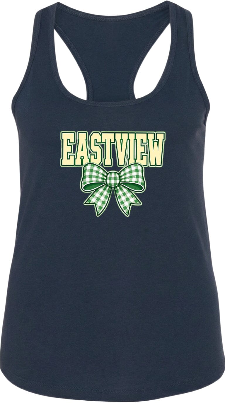 A navy blue tank top with a green bow and the word "EASTVIEW" printed on it.
