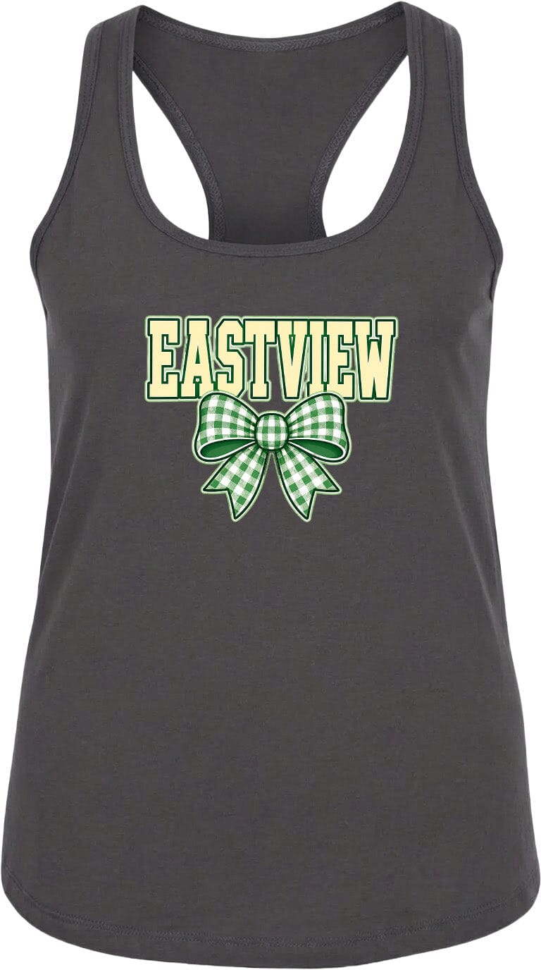 A gray tank top with the word "EASTVIEW" and a green bow printed on it.