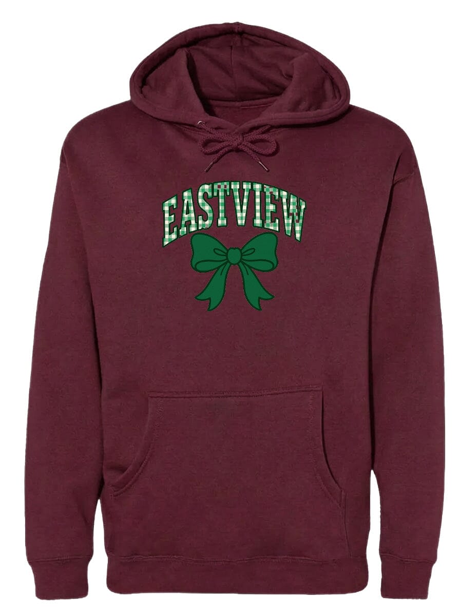 A burgundy-colored hoodie with a green bow and the word "EASTVIEW" printed on it.