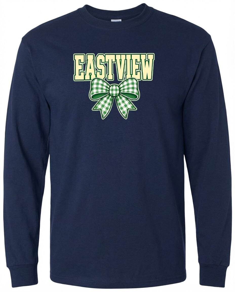 A navy blue long-sleeved shirt with a green and white checkered bow and the word "EASTVIEW" printed on it.