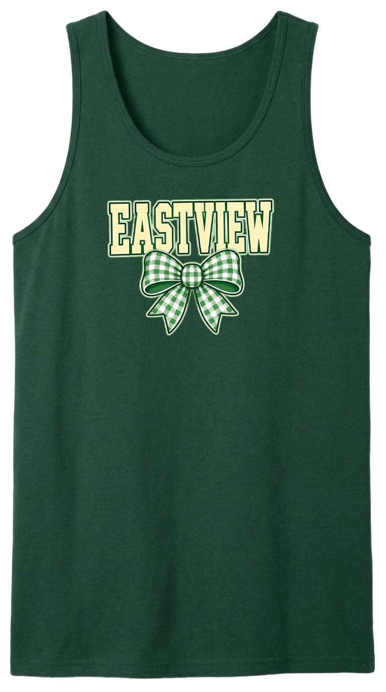 A green tank top with the word "EASTVIEW" printed on it, along with a bow graphic.