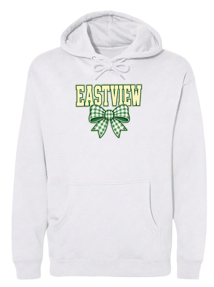 A white hoodie with a green and white bow graphic and the word "EASTVIEW" printed on it.