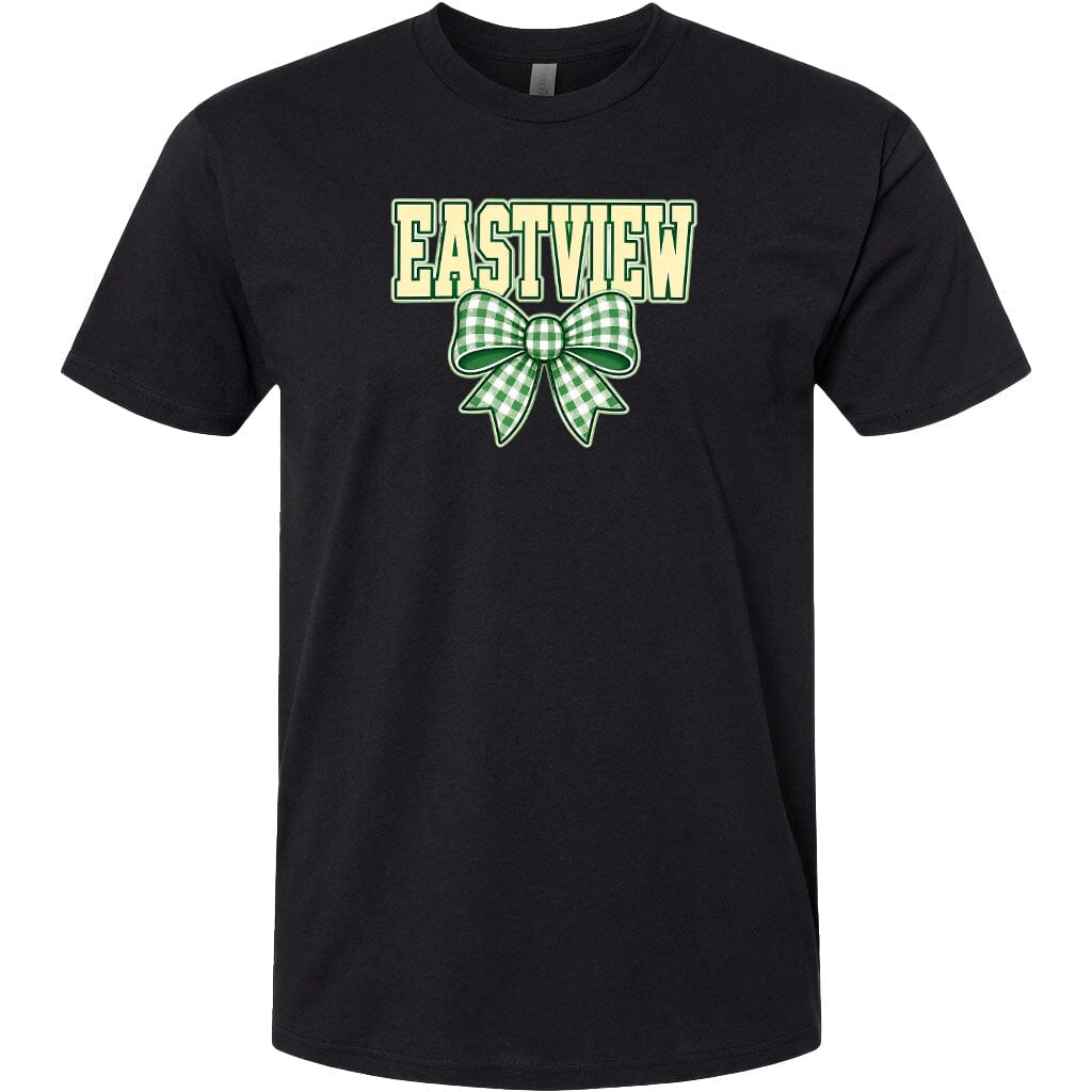 A black t-shirt with a green and white bow and the word "EASTVIEW" printed on it.
