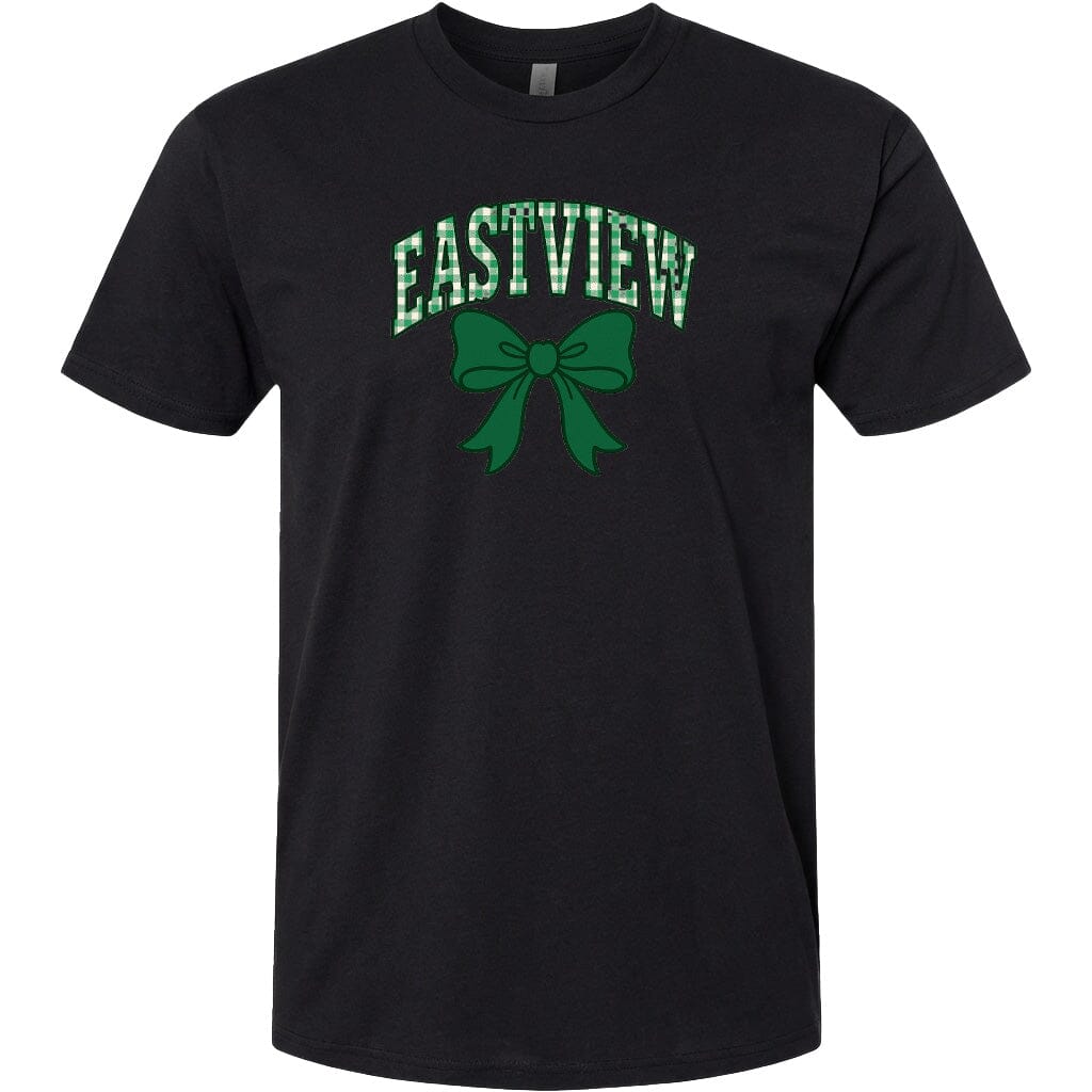 A black t-shirt with a green bow and the word "EASTVIEW" printed on it.