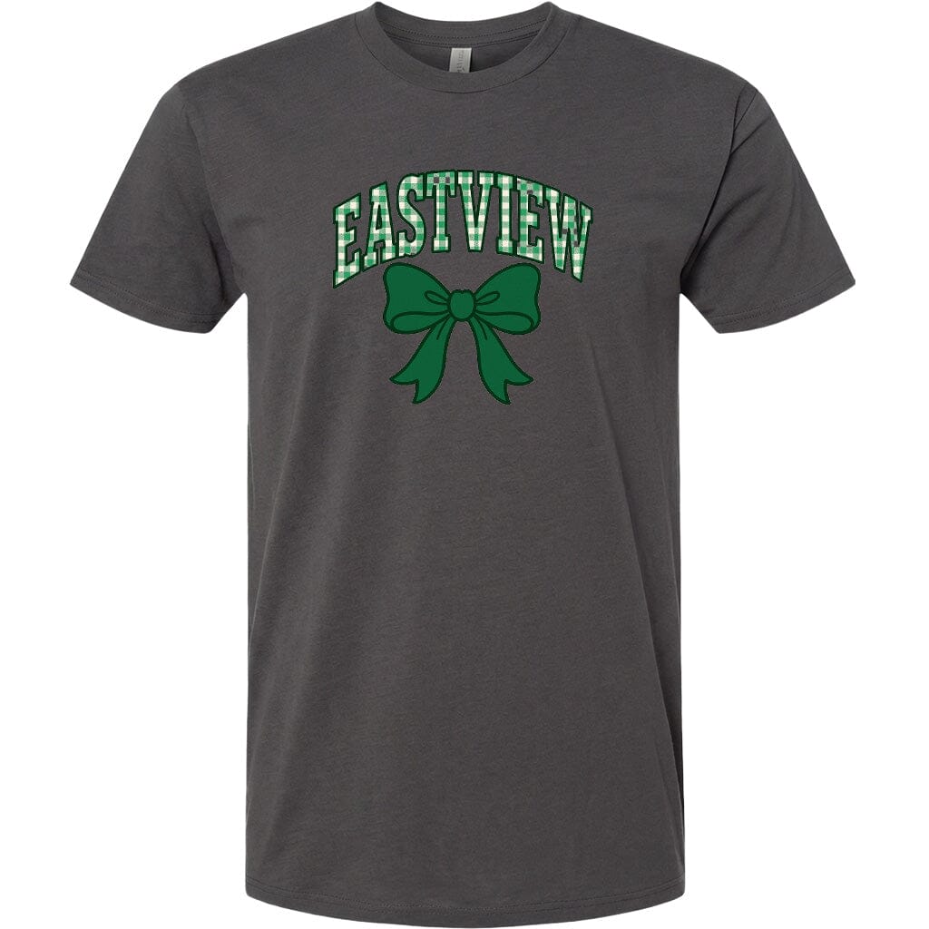 A gray t-shirt with a green bow and the word "EASTVIEW" printed on it.