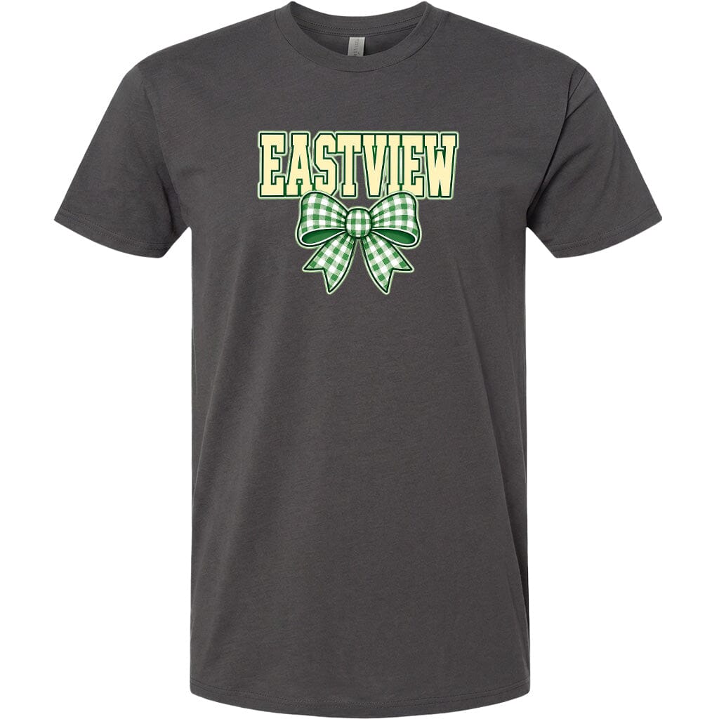 A gray t-shirt with a green and white bow and the word "EASTVIEW" printed on it.