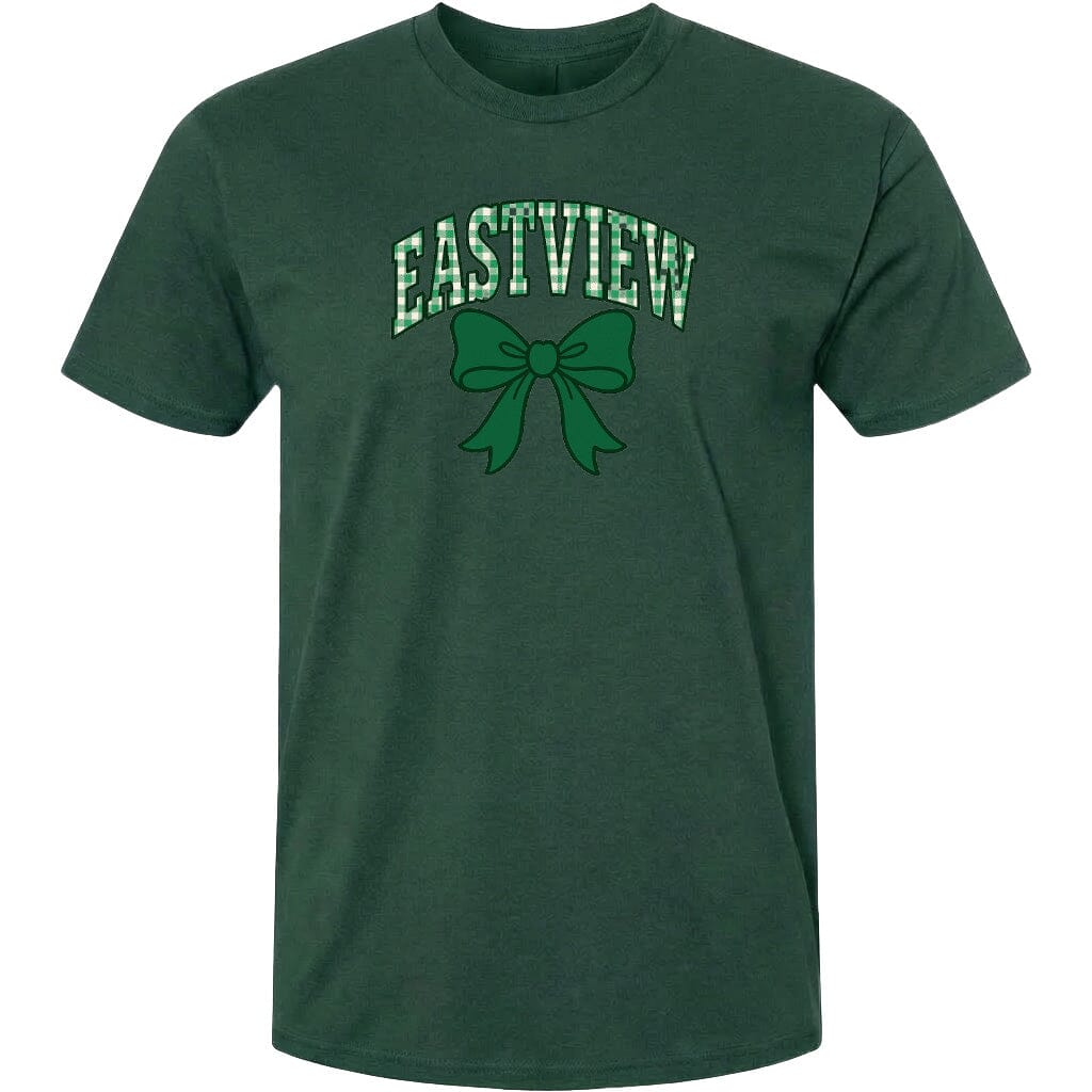 A dark green t-shirt with a graphic design on it.