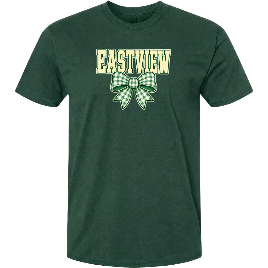 A dark green t-shirt with a bow and the word "EASTVIEW" printed on it.