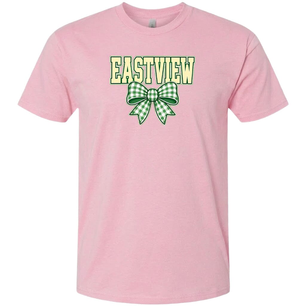 A pink t-shirt with a green and white bow and the word "EASTVIEW" printed on it.