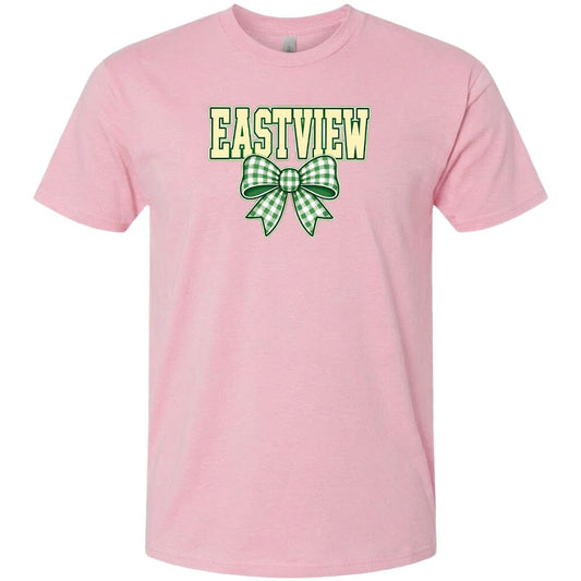 A pink t-shirt with a green and white bow and the word "EASTVIEW" printed on it.
