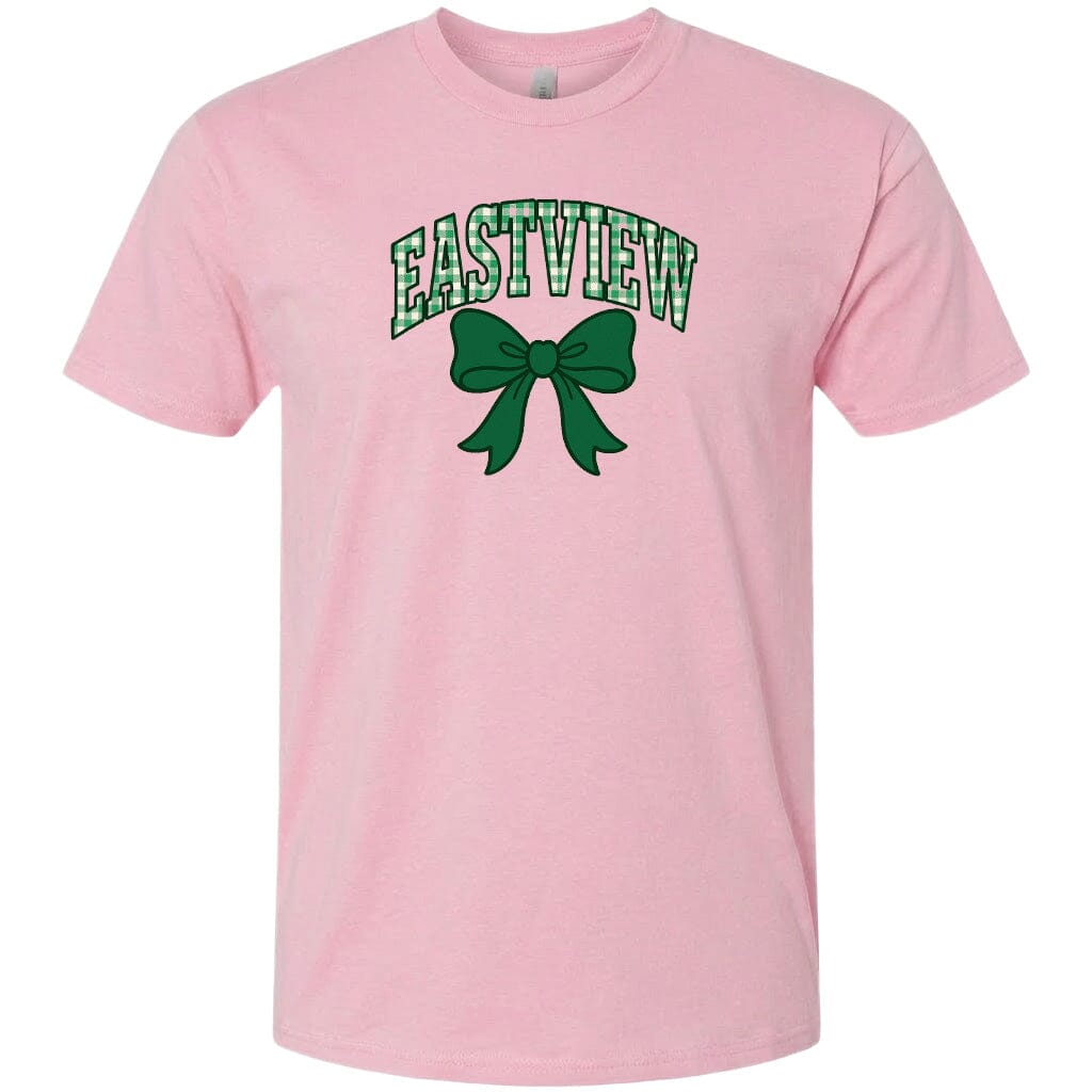 A pink t-shirt with a green bow and the word "EASTVIEW" printed on it.