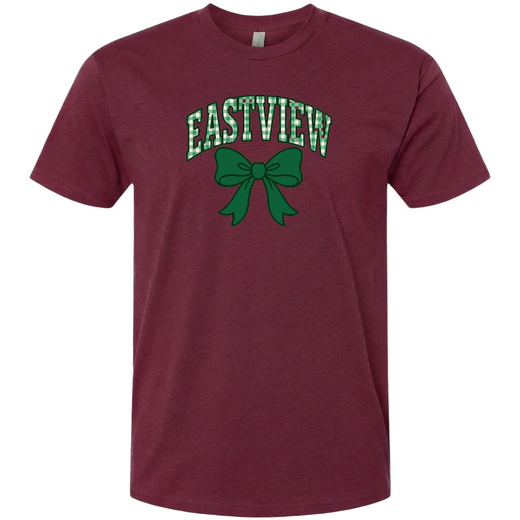 A burgundy-colored t-shirt with a green bow and the word "EASTVIEW" printed on it.