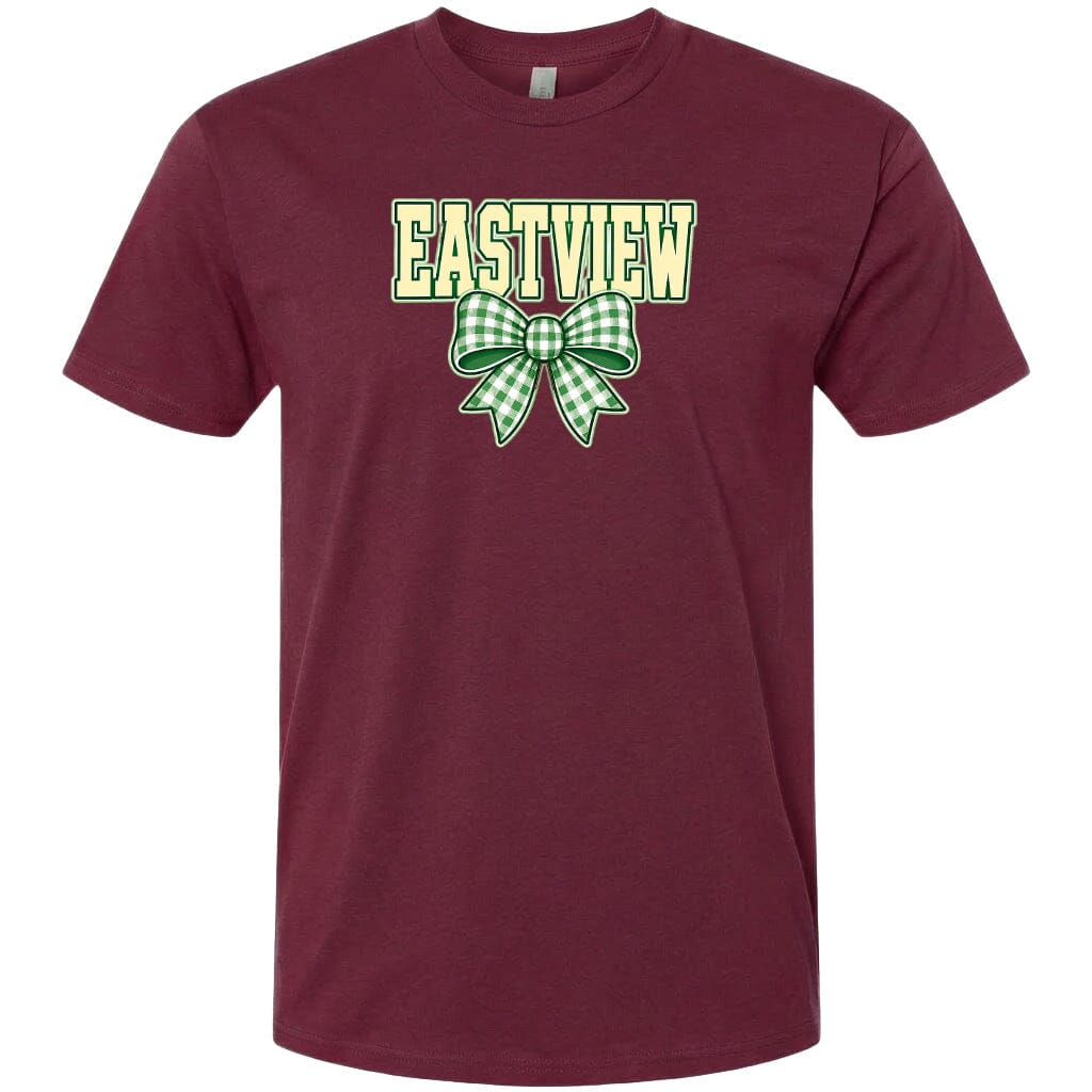 A burgundy-colored t-shirt with a green and white bow and the word "EASTVIEW" printed on it.