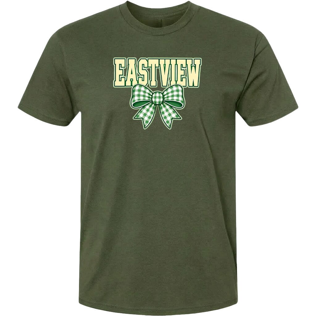 A green t-shirt with a bow and the word "EASTVIEW" printed on it.