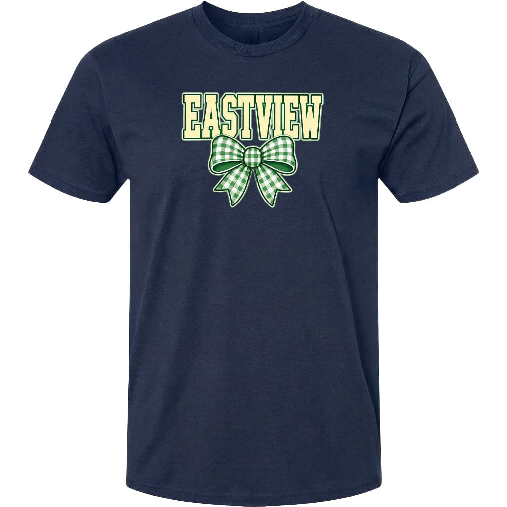 A navy blue t-shirt with a green and white bow graphic and the word "EASTVIEW" printed on it.
