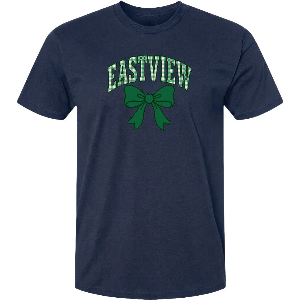 A navy blue t-shirt with a green bow and the word "EASTVIEW" printed on it.