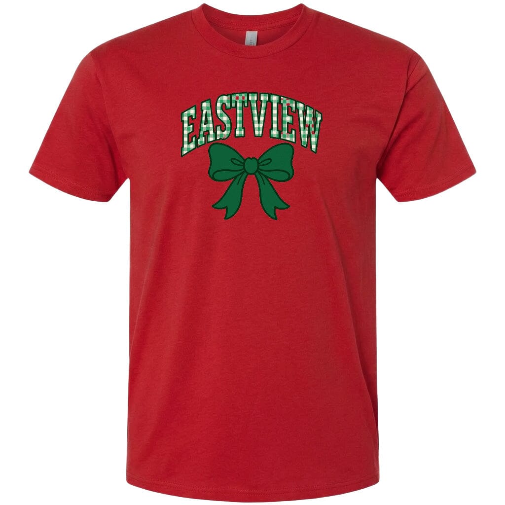 A red t-shirt with a green bow and the word "EASTVIEW" printed on it.