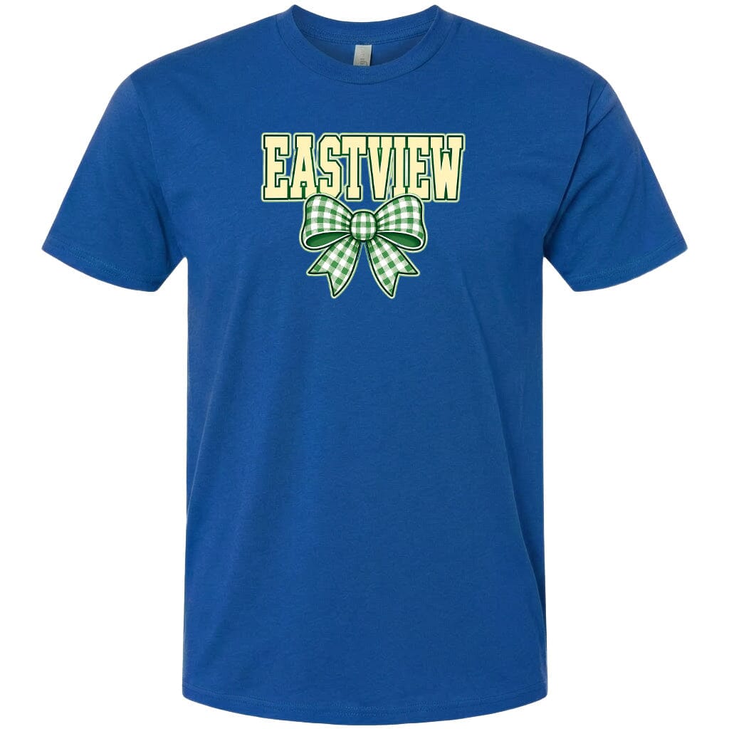 A blue t-shirt with a green and white bow and the word "EASTVIEW" printed on it.
