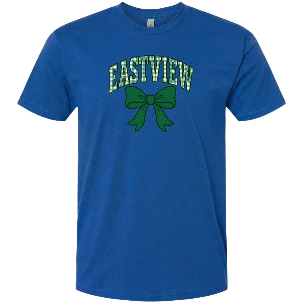 A blue t-shirt with a green bow and the word "EASTVIEW" printed on it.