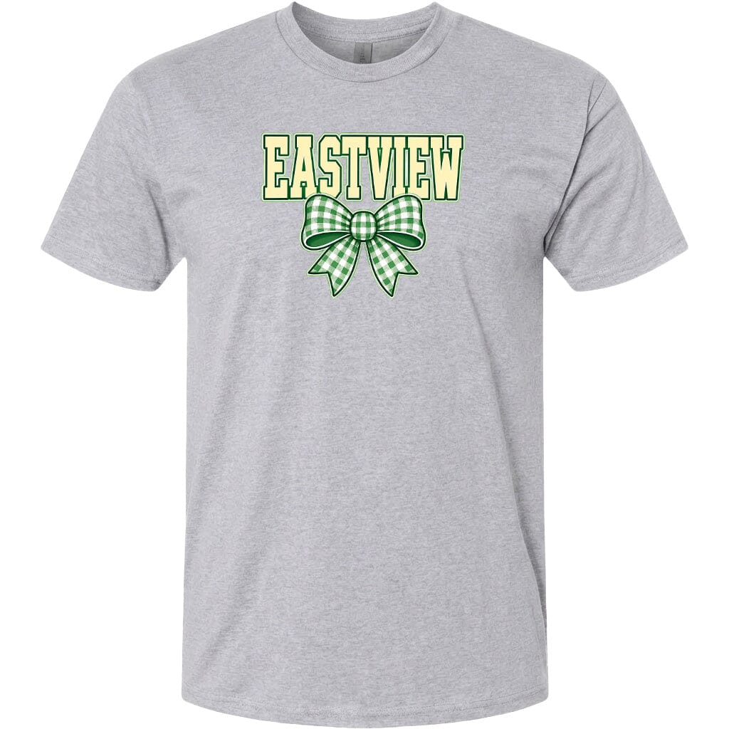 A gray t-shirt with a green and white checkered bow and the word "EASTVIEW" printed on it.