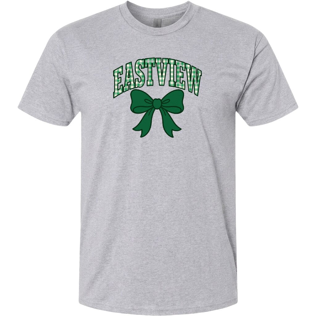 A gray t-shirt with a green bow and the word "EASTVIEW" printed on it.