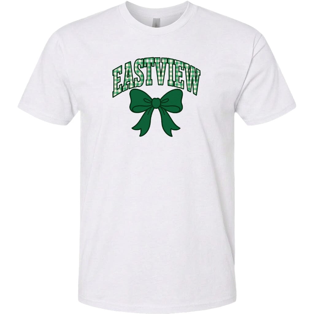 A white t-shirt with a green bow and the word "EASTVIEW" printed on it.
