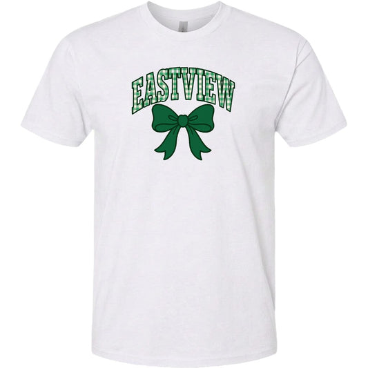 A white t-shirt with a green bow and the word "EASTVIEW" printed on it.