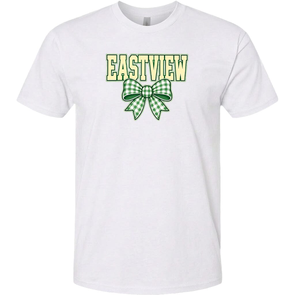 A white t-shirt with a green and white bow and the word "EASTVIEW" printed on it.