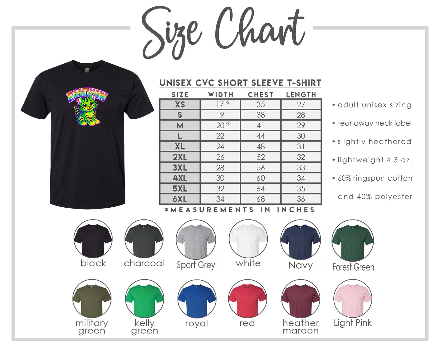 The image is a size chart for a UNISEX CVC short sleeve t-shirt, providing measurements for different chest and waist sizes. It also includes color swatches for various t-shirt styles, such as black, charcoal, sport grey, navy, forest green, military, kelly, royal, red, Heather, and light pink.