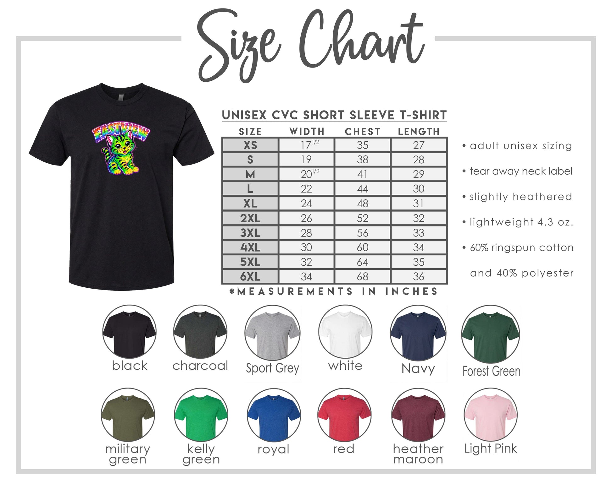 The image is a size chart for a UNISEX CVC short sleeve t-shirt, providing measurements for different chest and waist sizes. It also includes color swatches for various t-shirt styles, such as black, charcoal, sport grey, navy, forest green, military, kelly, royal, red, Heather, and light pink.